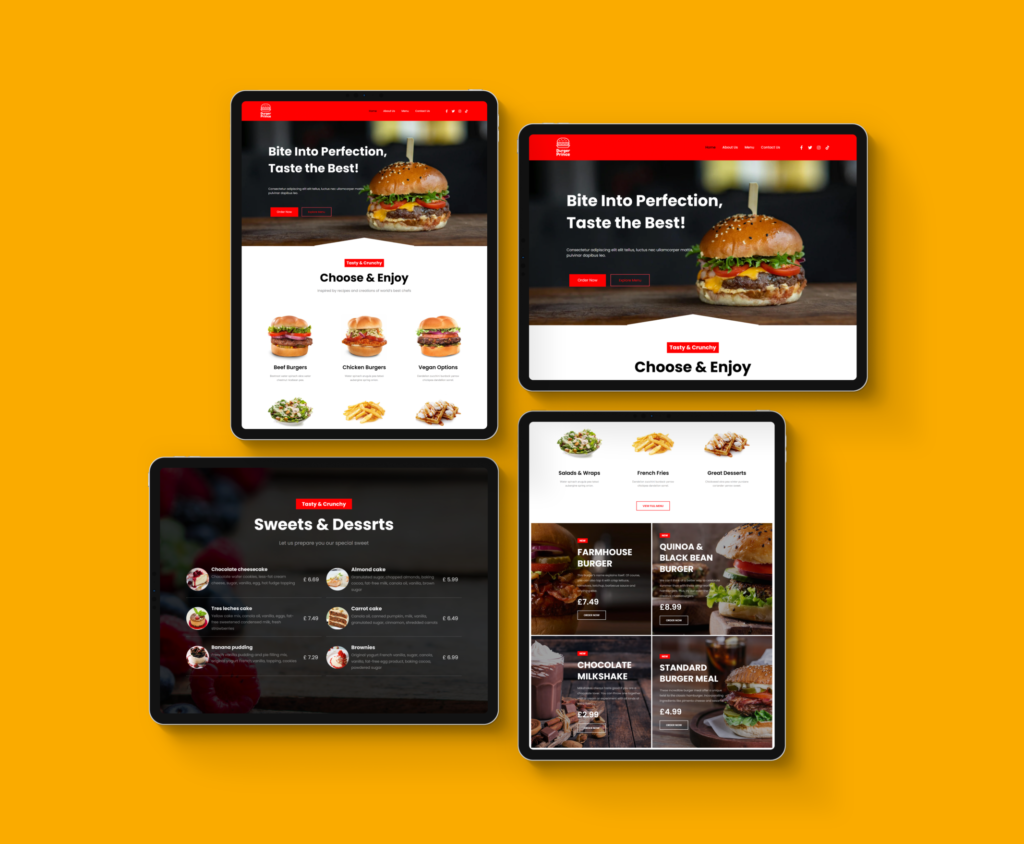 Burger Prince website displayed on 4 tablets - It shows 4 different sections on each tablet